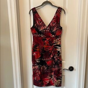 Connected Apparel Tropical Red and Black Midi Dress